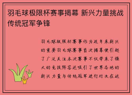 羽毛球极限杯赛事揭幕 新兴力量挑战传统冠军争锋